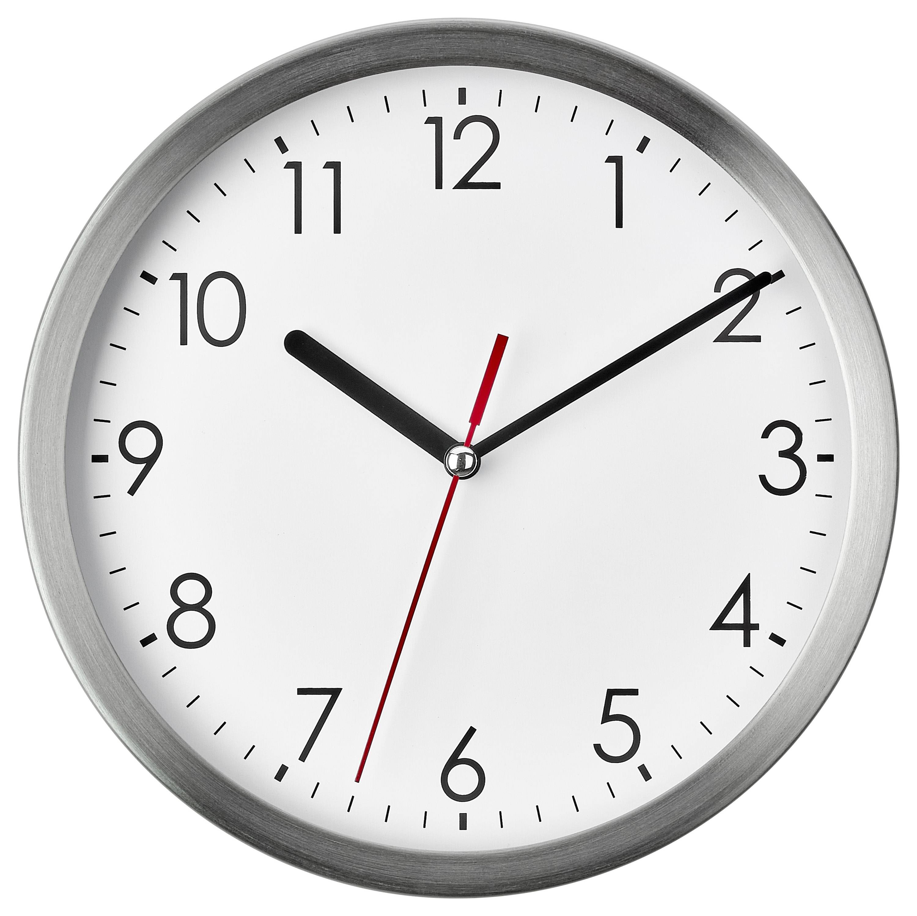 Analog väggklocka som visar ungefär 10:10, med en röd sekund hand.
