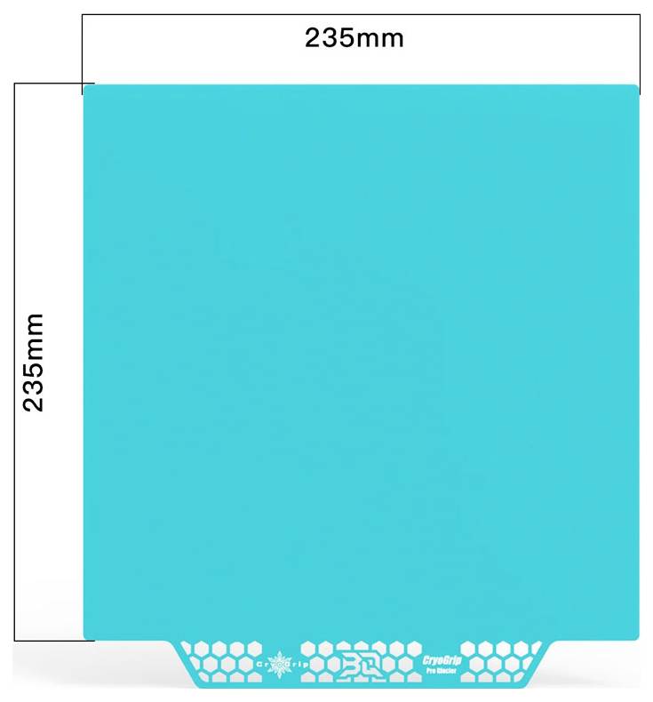 En 235 mm gång 235 mm kvadratisk cyan panel med en dekorativ perforerad remsa och logotyp längs nederkanten.