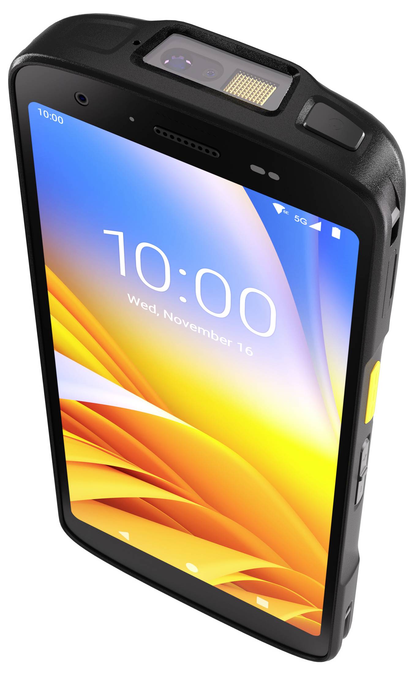 Robust smartphone i svart visad framifrån med ljus hemskärm och övre kamera-/sensormodul, vilket tyder på en slitstark enhet.