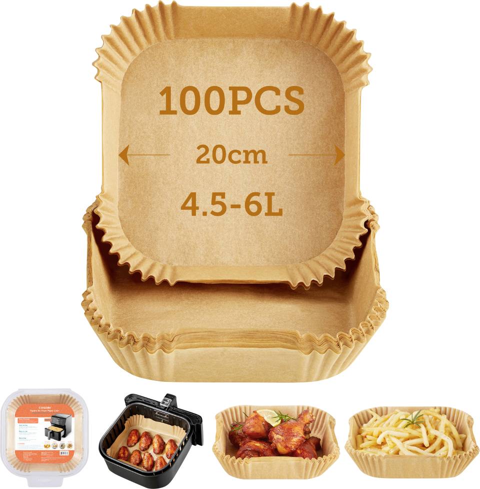 Bruna engångspapper-matkassar, märkta "100BYT", "20cm" och "4,5-6L", visade med exempelanvändningar för pommes frites, kyckling och bakade varor.
