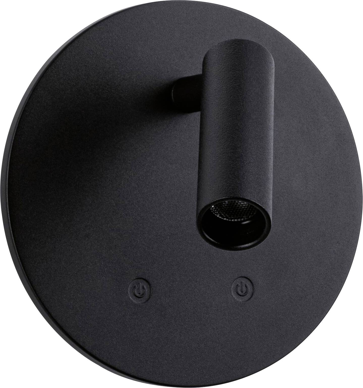 Svart rund vägglampa med en cylindrisk spotlightarm och två små strömbrytarsymboler på basen.