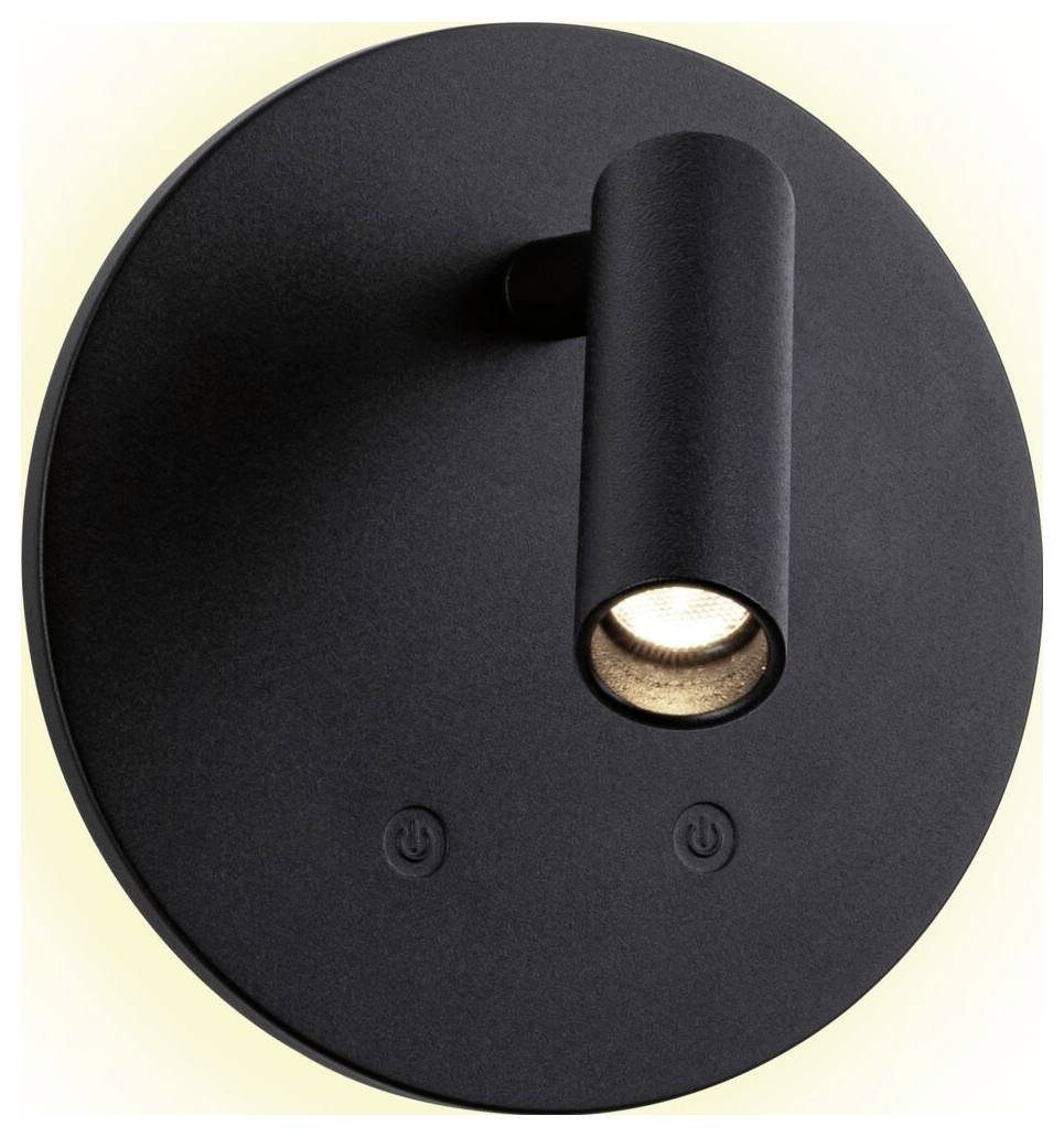 Svart vägglampa med två runda palpknappar och en cylindrisk justerbar spotlight, belyst från framsidan.