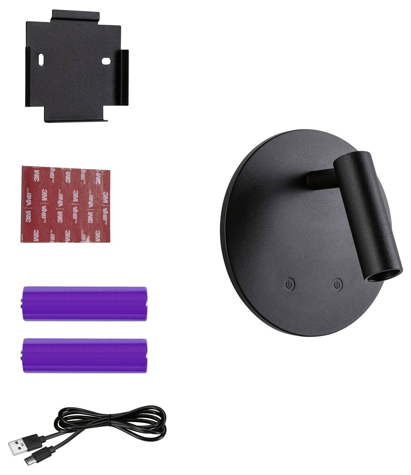 Svart väggmonterad LED-lampa med rund bas och justerbar cylindrisk skärm, visad med monteringsplatta, självhäftande pad, två lila avståndshållare och USB-kabel.