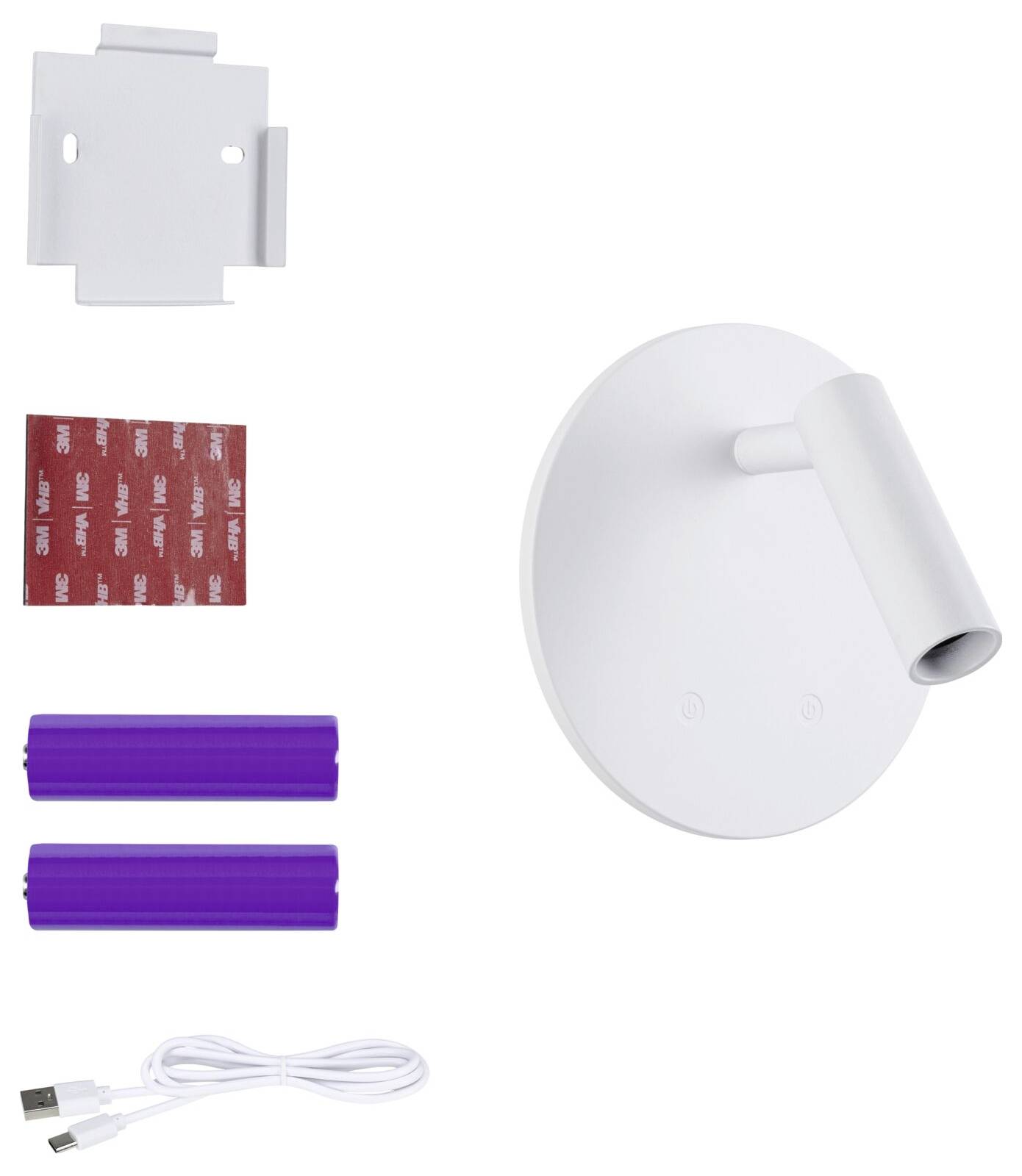 Vit väggmonterad LED-lampa med monteringsplatta, självhäftande remsa, två lila avståndsbrickor och USB-laddningskabel visas som medföljade delar.
