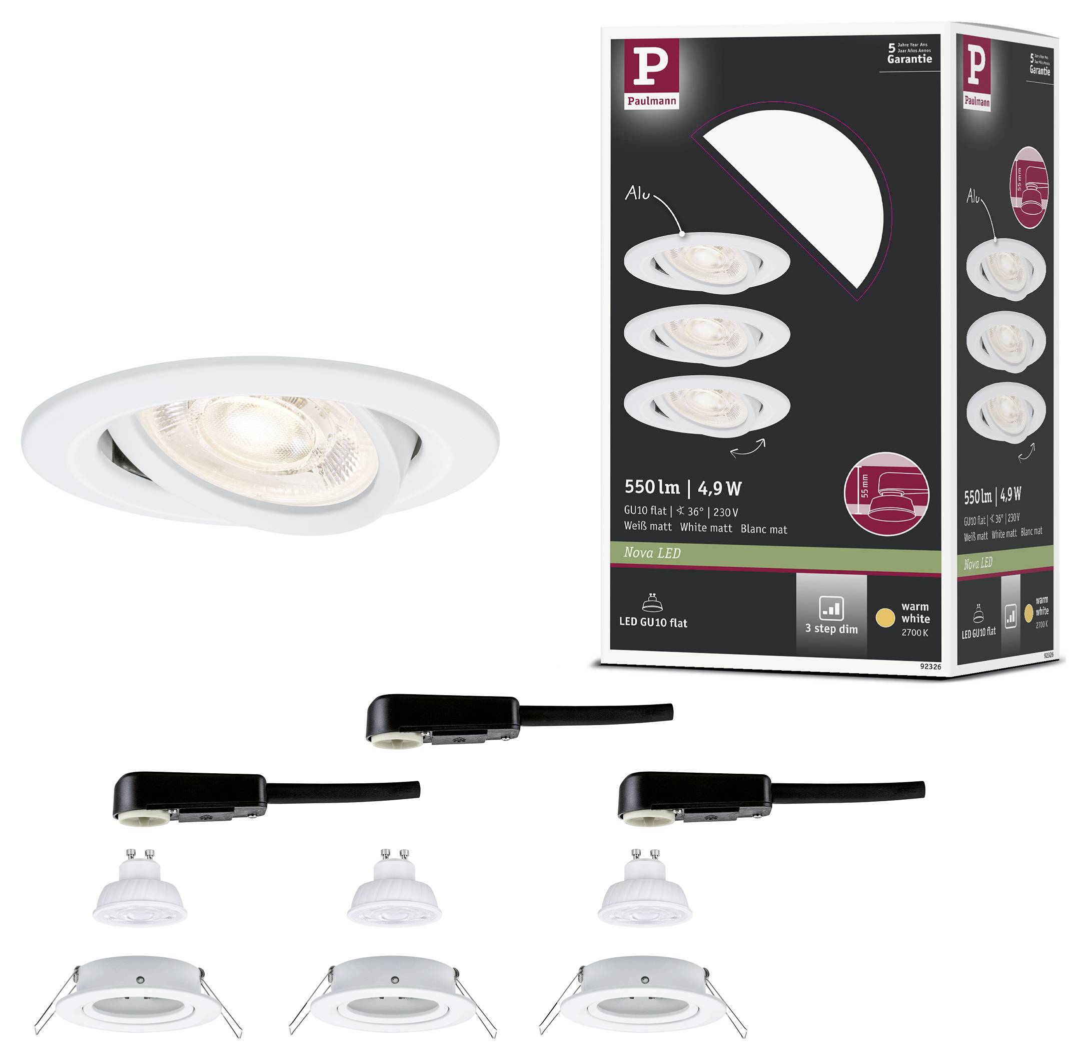 Produktbild som visar en vit dold LED-spotlight och dess förpackning, med tre installationssteg-illustrationer under huvudljuset.