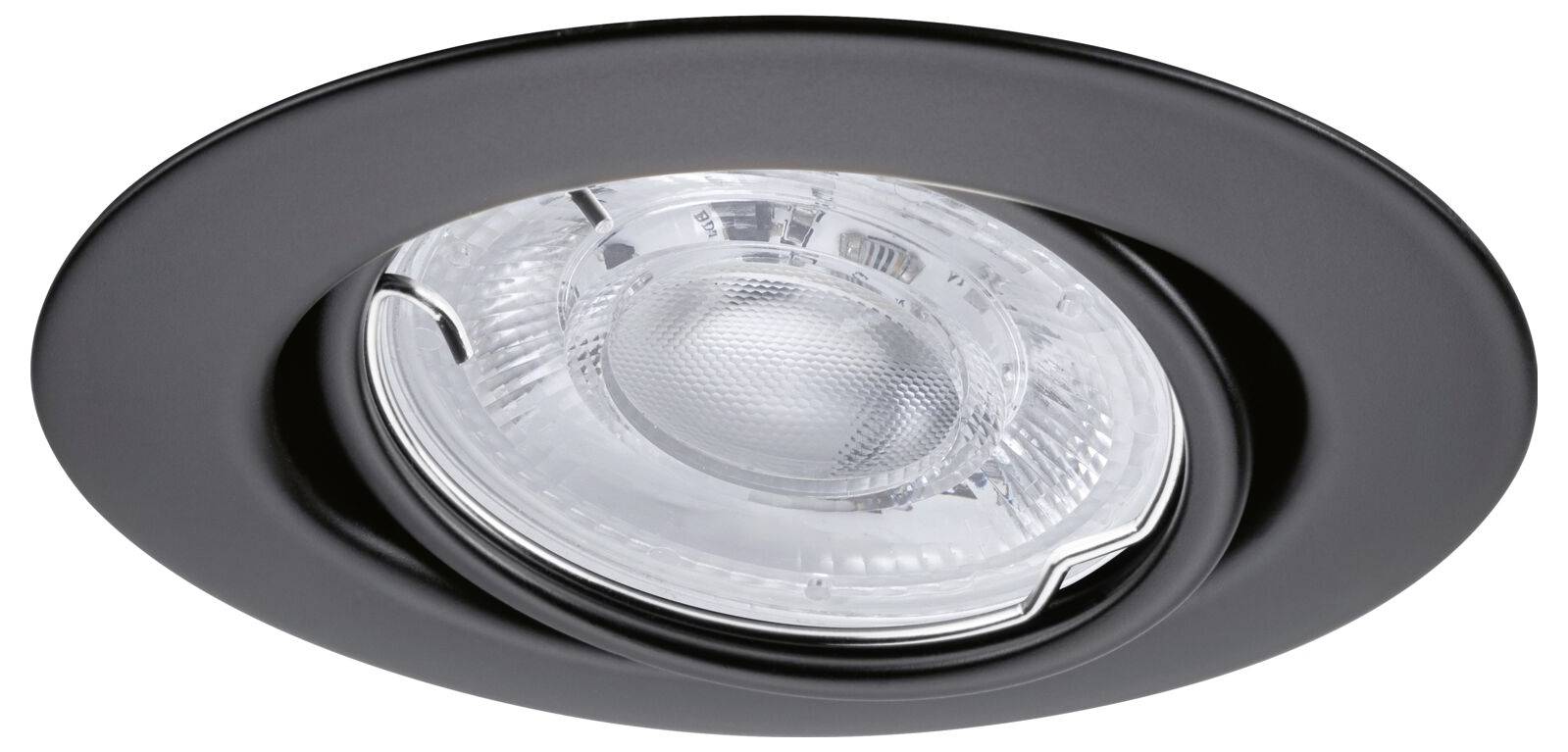 Svart infälld takspotlight med klar glaskupol och silver inre kant.