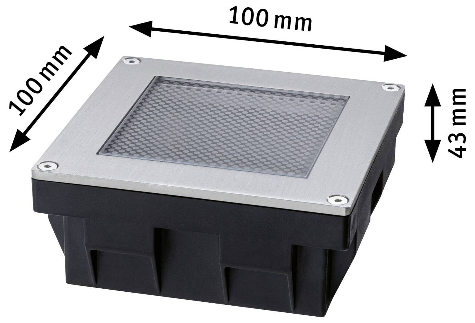 Fyrkantig golvarmatur, 100 mm x 100 mm och 43 mm hög, visad i perspektivvy med metallöverdel och mörkt hölje.