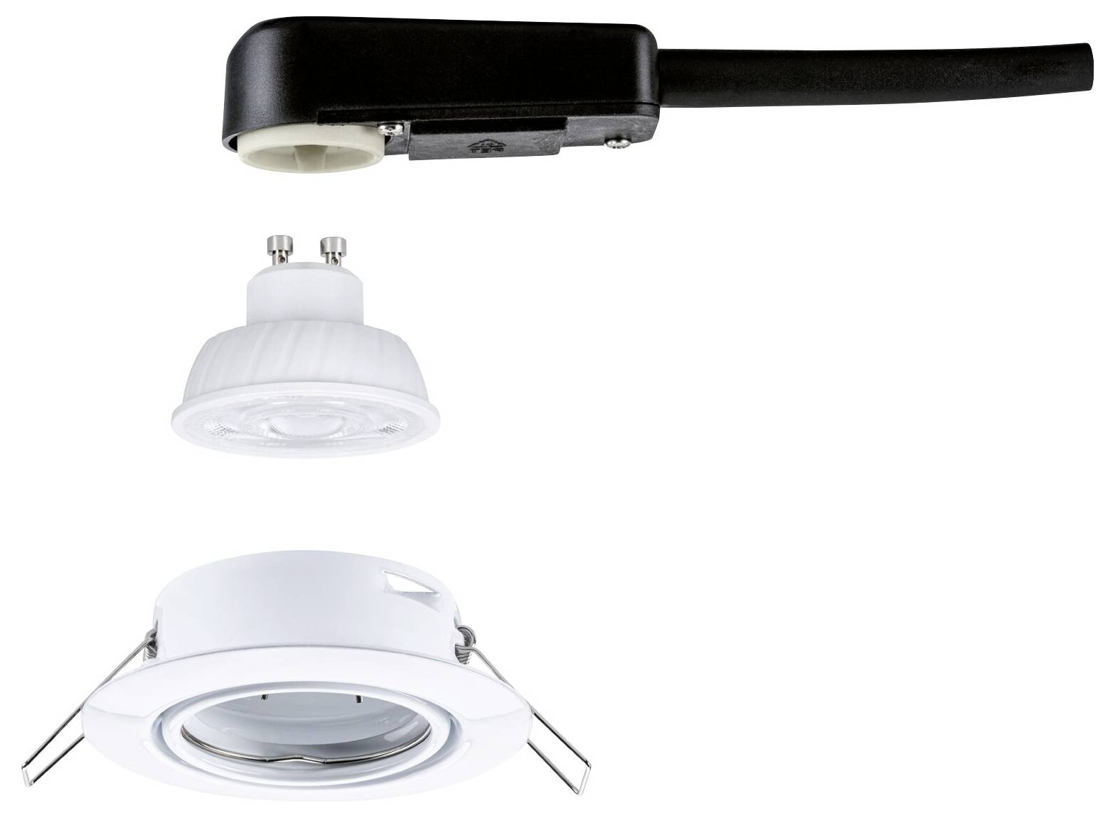 Tre downlight-armaturer visade på en vit bakgrund, med en svart spårljusarmatur och två vita inbyggda spotlight-trimstil.