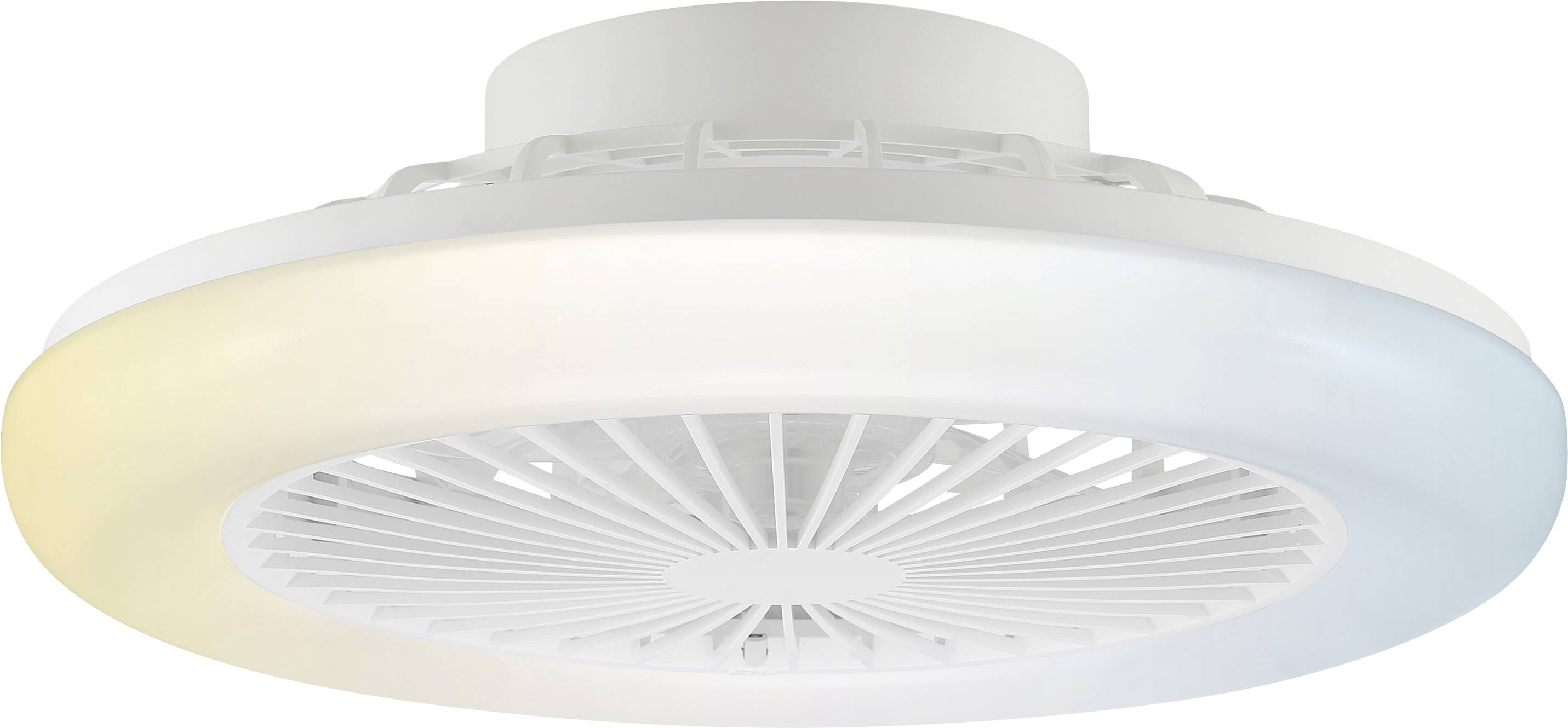 Rund vit takfläkt med integrerad LED-belysning och ventilerad centrum, visad från undersidan mot en enkel bakgrund.