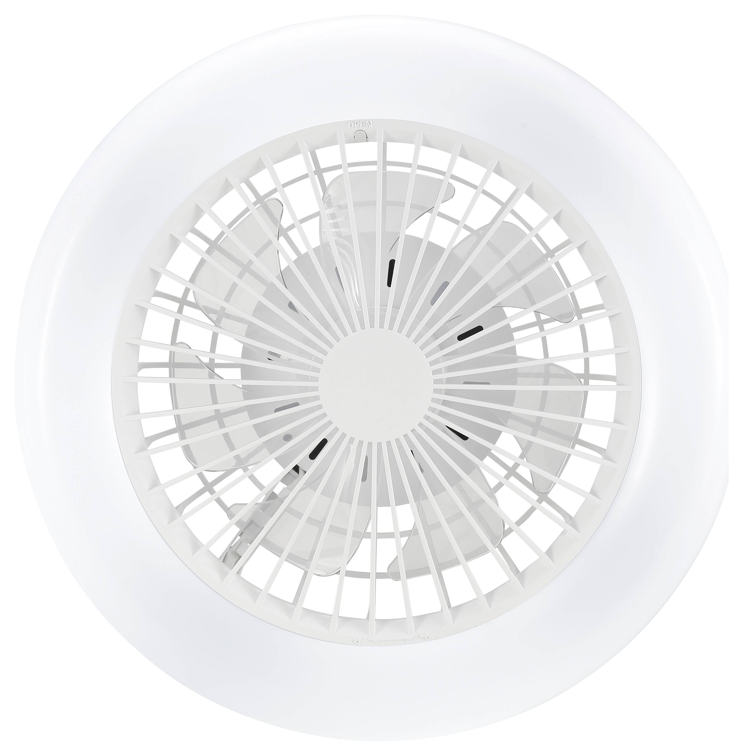 Vit cirkulär ventilationsfläkt sedd från ovan, med galler och blad centrerad på en ljus bakgrund.