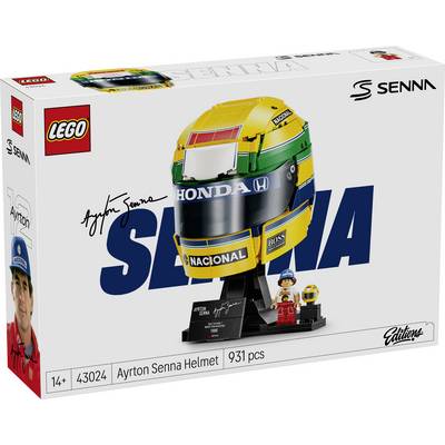 LEGO Icons Ayrton Senna-hjälm modellsats låda, visar en gul-grön Honda-racerhjälm på ett ställ med minifigurer och '931 bitar' på förpackningen.