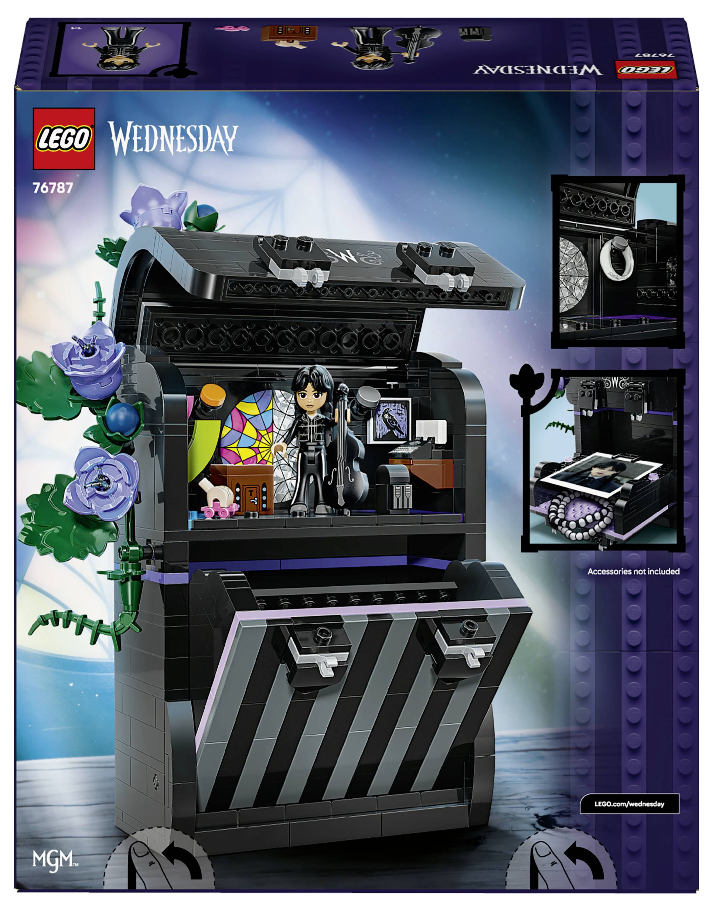 LEGO Wednesday-setets förpackningskonst som visar en svart randig kistlekset med Wednesday Addams-minifigur, rosor och tillbehörsdetaljer i närbild.