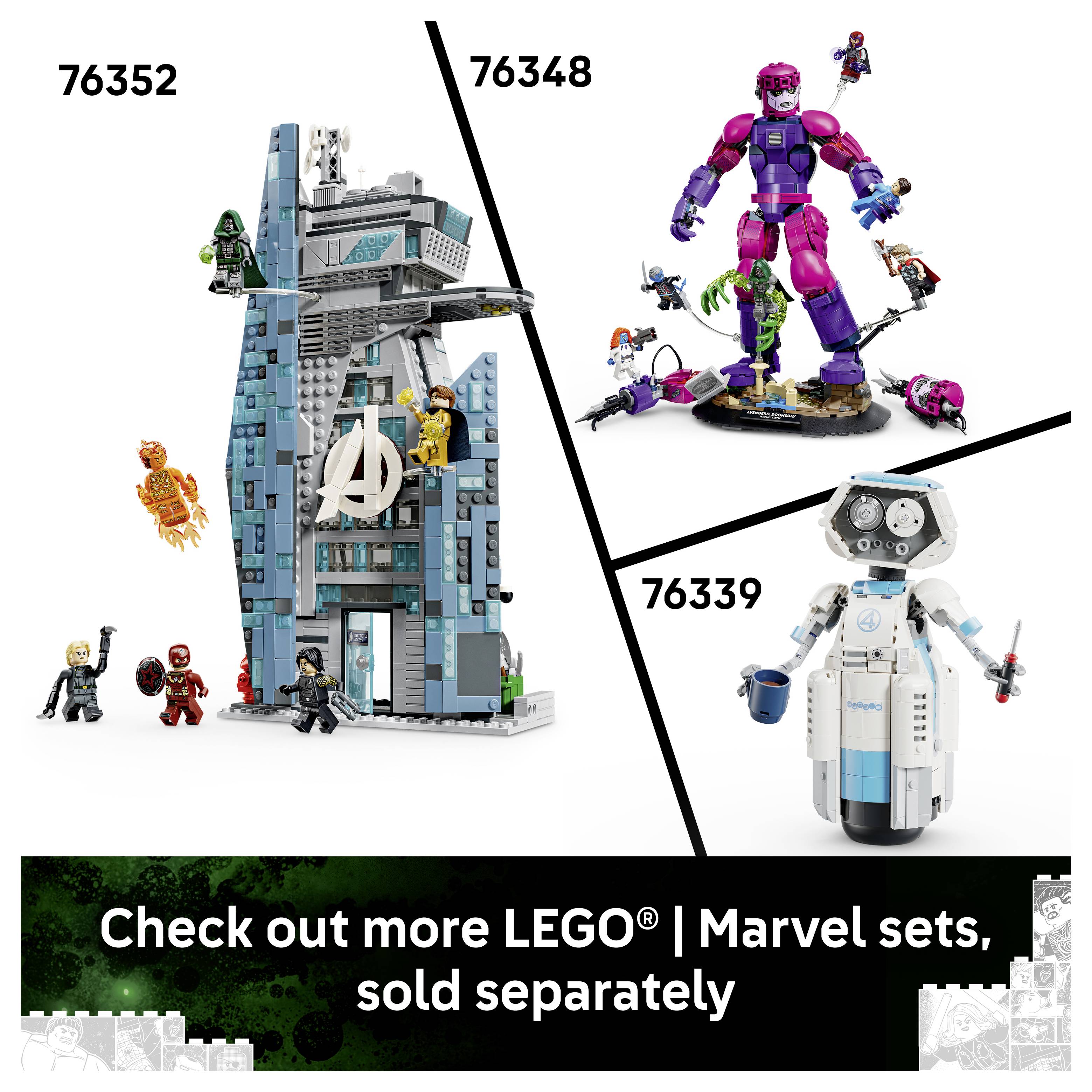 LEGO Marvel-set-kampanj som visar tre set: 76352 Avengers Tower, 76348 Jättestor lila skurkfigur och 76339 robotkaraktär, med texten "Kolla in fler LEGO Marvel-set, säljs separat".