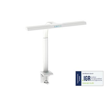 Vit justerbar LED-skrivbordslampa med långt horisontellt ljusfält och kontrollknappar på armen, visad med en ergonomisk certifieringslogo.