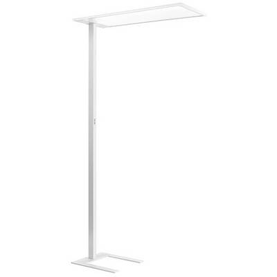 Minimalistisk vit golvlampa med höga uppräta stolpe och platt rektangulär topp och bas, visas isolerad mot en enkel bakgrund.