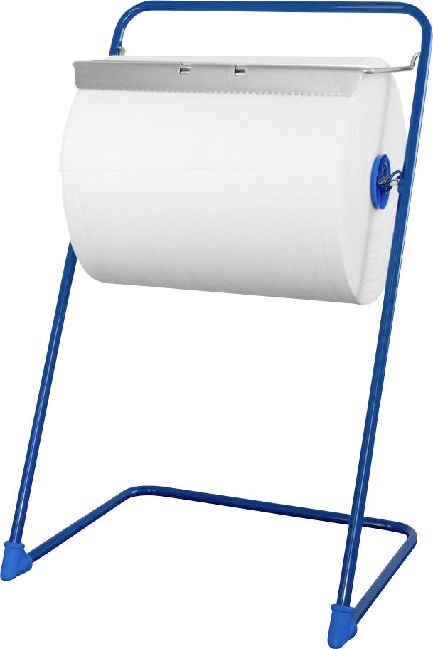 Bärbar vit rulldispenser på ett blått metallstativ, troligen för pappersrullar eller filmrullar.
