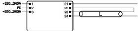 Kopplingsschema för en 24V lysrörsarmatur: 220–240V AC ansluts till terminaler 1, 2, 3 och lampterminalerna 21–24 ansluts till röret märkt L.