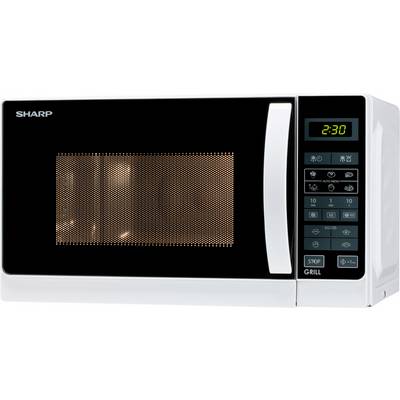 Svart Sharp mikrovågsugn med belyst digital klocka som visar 2:30 och kontrollpanel med grillinstallning.