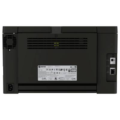 Baksidan av en Xerox-skrivare som visar ventilationsöppningar, strömingång och nätverks-/USB-portar med en produktetikett.