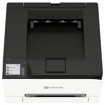 Frontvy av en Xerox C240-skrivare med svart topp och vit nedre kropp, som visar kontrollpanelen och papperutmatningsbrickan.