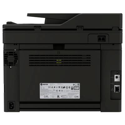 Bakvy av en svart Xerox multifunktionsskrivare som visar ventilation, ström- och nätverksportar samt en produktetikett.