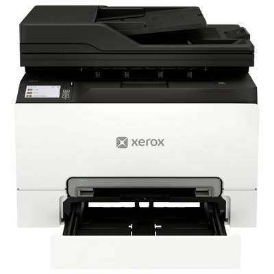Frontvyn av en Xerox multifunktionsskrivare med skannerlock, kontrollpanel och öppen pappersbricka synlig.