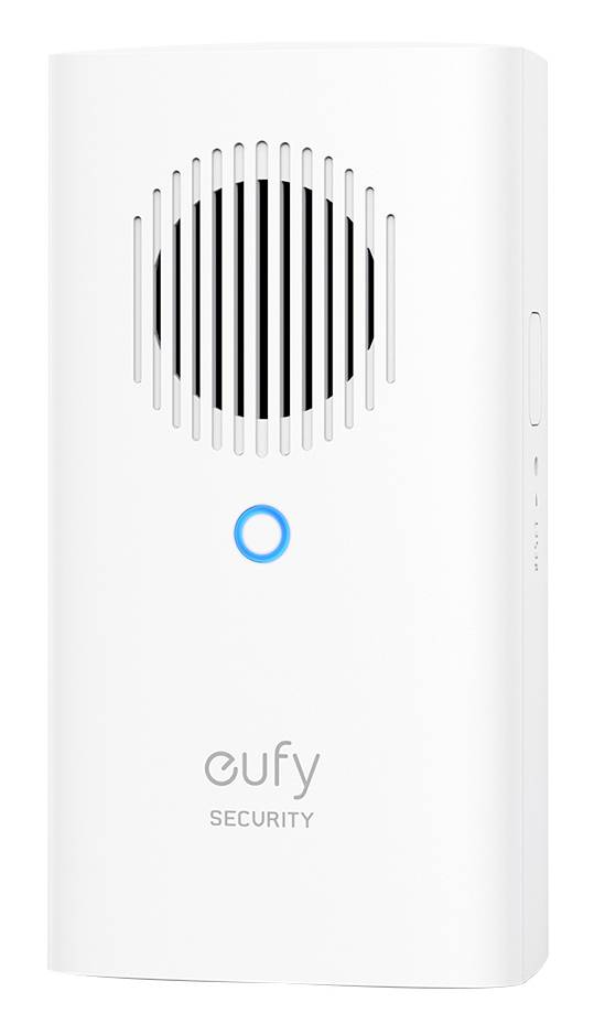 Eufy Security vit dörrklocka med högtalargaller och blå LED-ringindikator