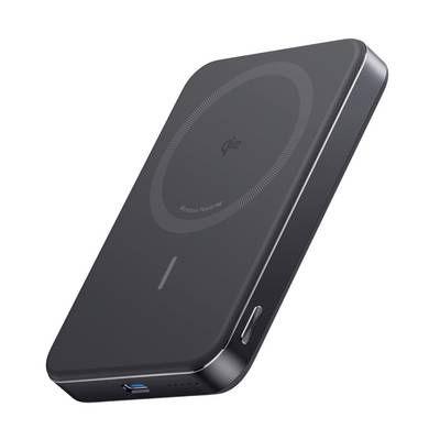 Svart Qi2 trådlös laddande powerbank med en cirkulär laddningsplatta, sidoknapp och USB-port visad i en vinkel på vit bakgrund