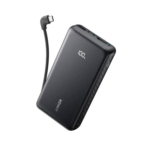 Svart Anker bärbar powerbank med fästad laddningskabel och digital batteriladdningspercentageskärm
