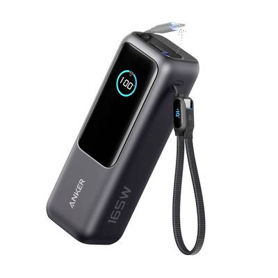 Svart Anker 165W powerbank med digital batteridisplay, inbyggd USB-C-kabel och en liten laddningsport på toppen.