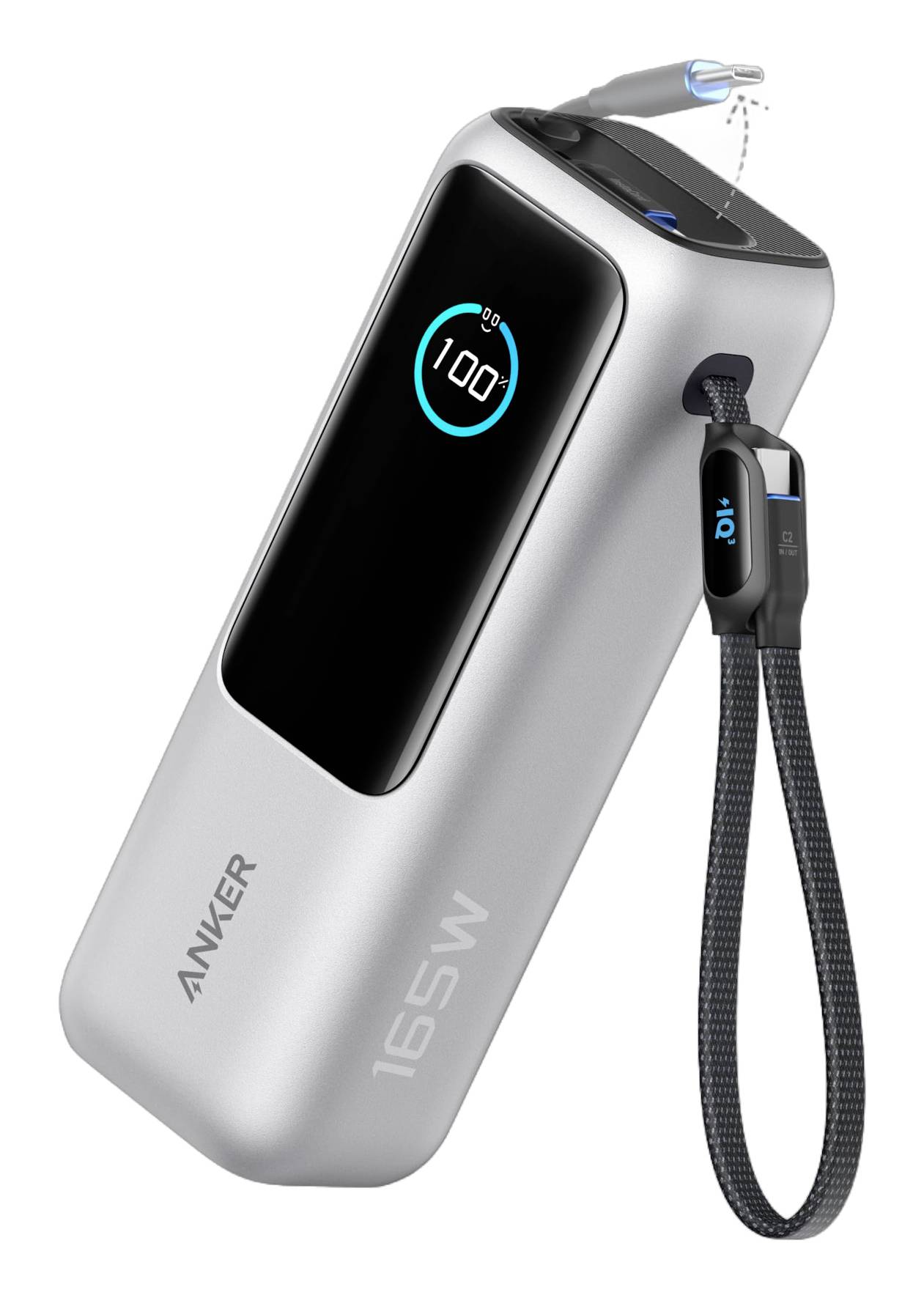 Anker 165W bärbar powerbank med inbyggd USB-C-kabel, LED-batteridisplay och utdragbar strömadapter.