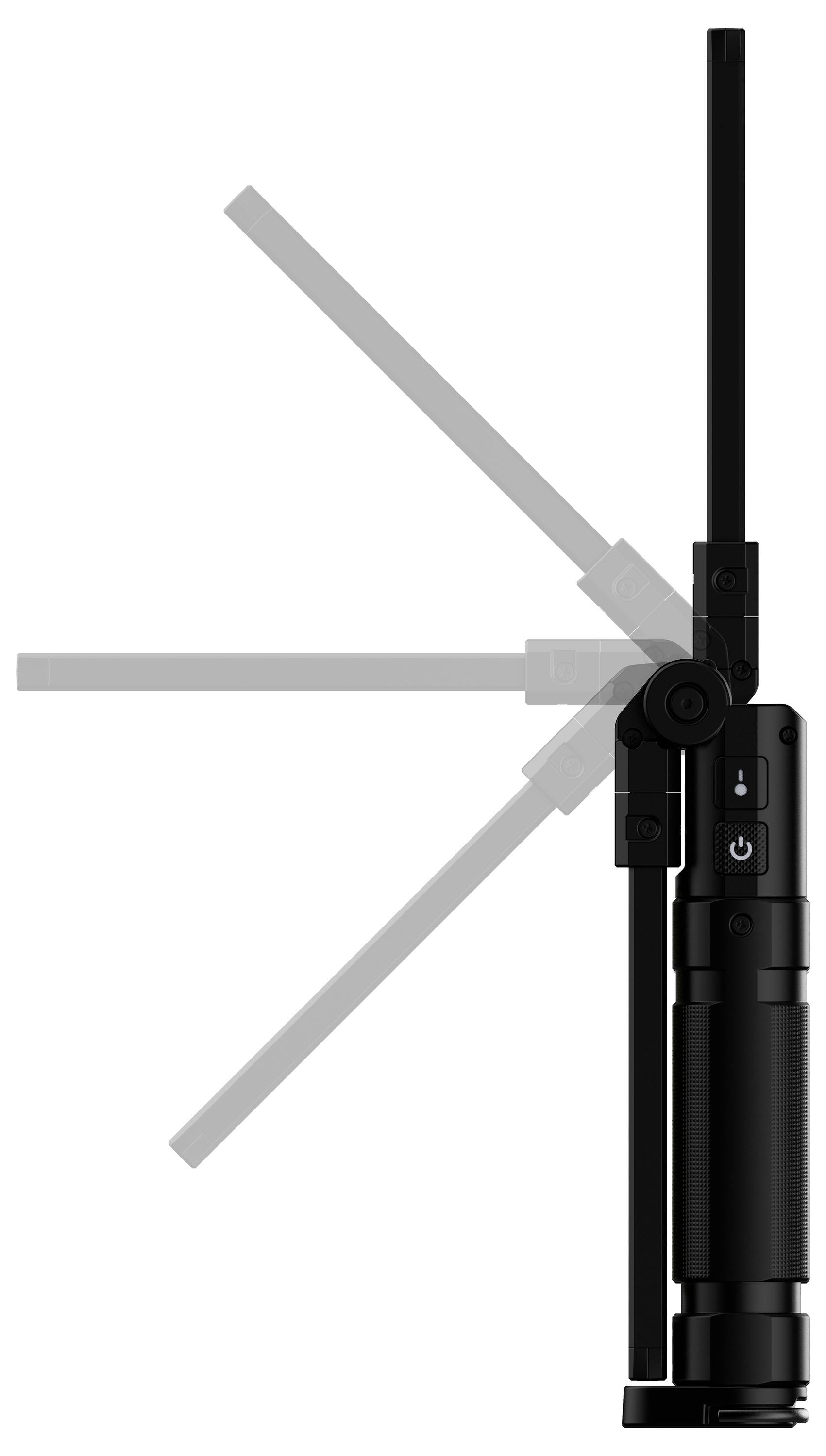 Svart handhållen fotografisk lampa med justerbar arm och vikbara paneler, visad i flera positioner för att illustrera vinkelförändringar.