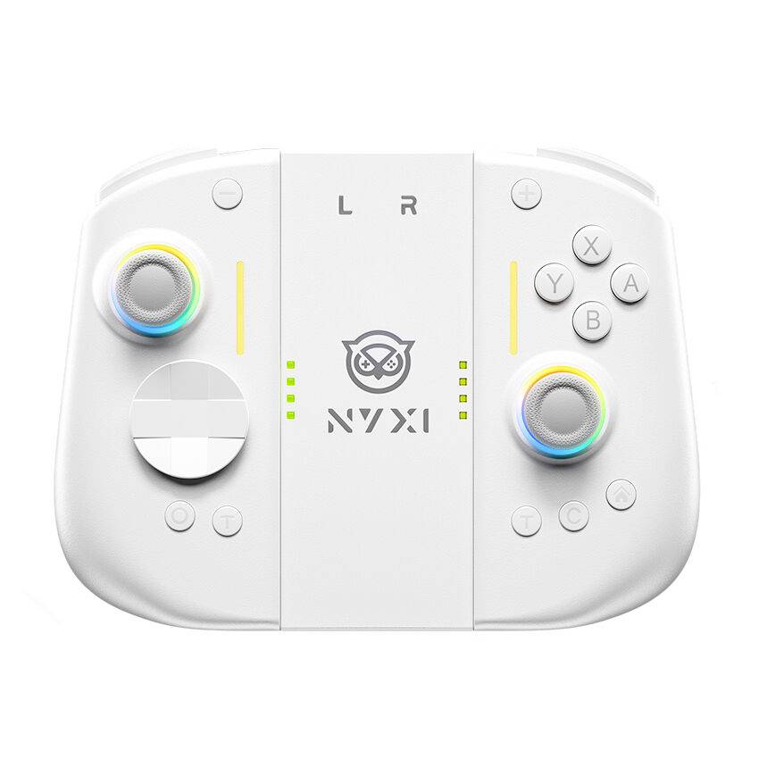 Vit NYXI handhållen spelkontroll med två analoga spakar, D-pad, A/B/X/Y-knappar och L/R-skulderknappar.