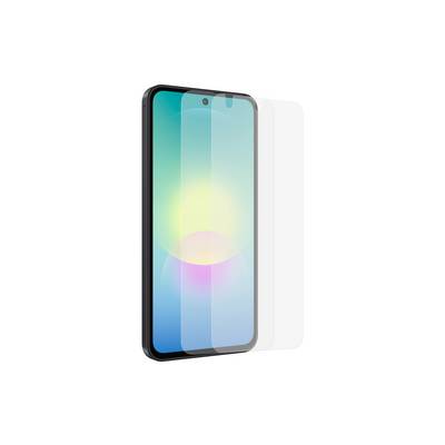 Skärmskydd för smartphone visad på en telefon, med två genomskinliga skyddslager bakom den för att indikera passform och installation.