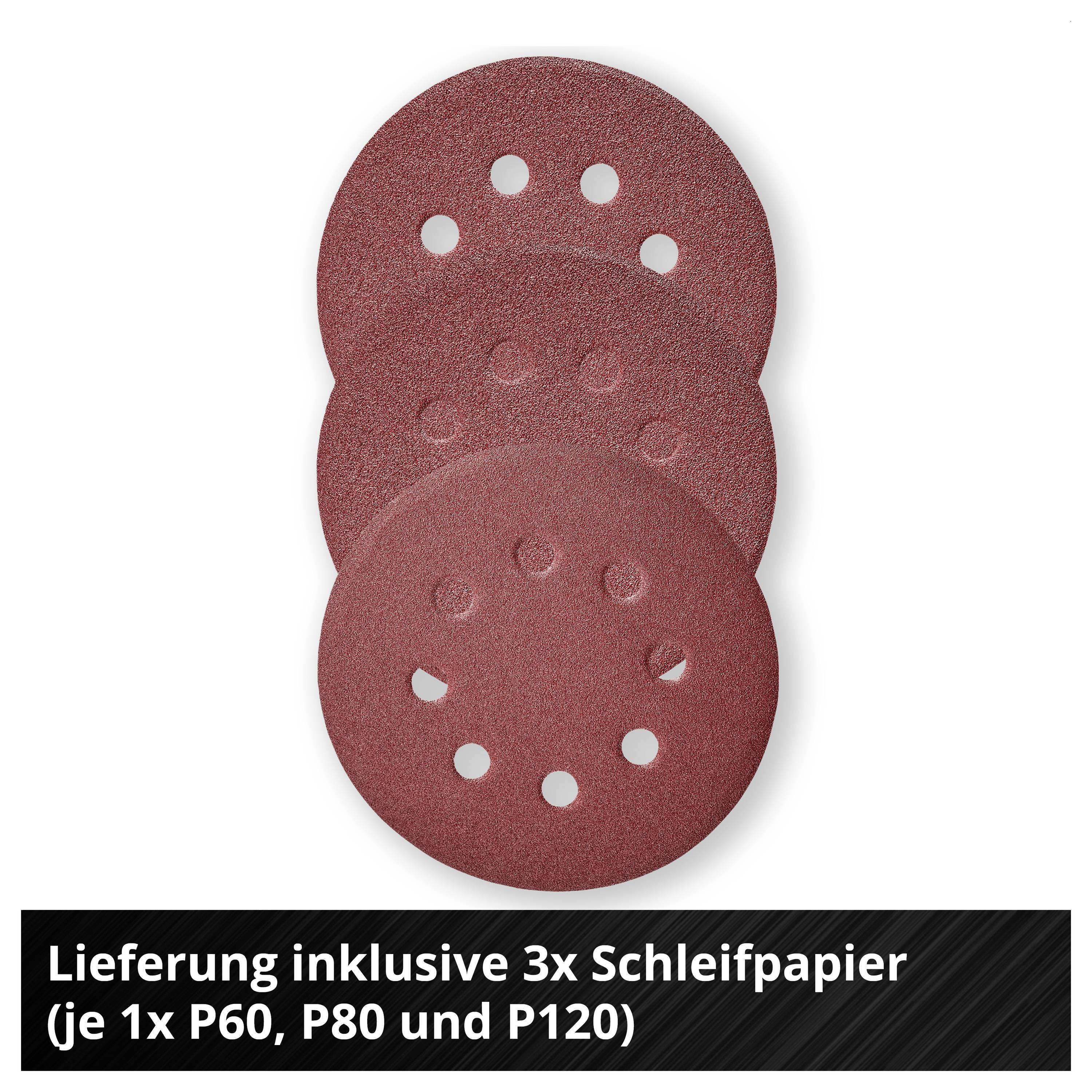 Tre röda slippapperskivor med hål; under texten: "Leveransen inkluderar 3x slippapper (vardera 1x P60, P80 och P120)"