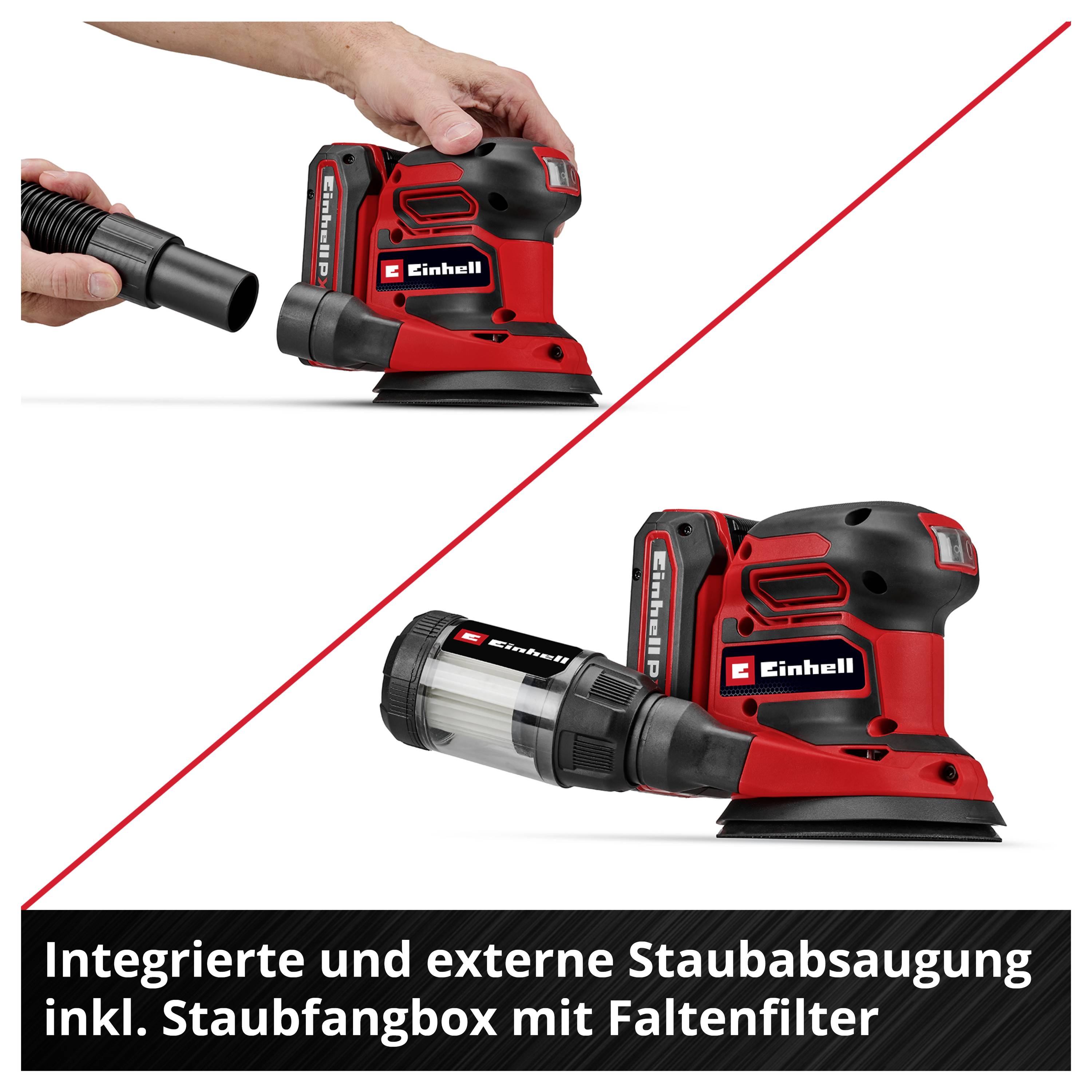 Einhell-sliper med integrerad och extern dammsugning; överst med slangkoppling, nederst med dammsugningslåda med veckfilter.