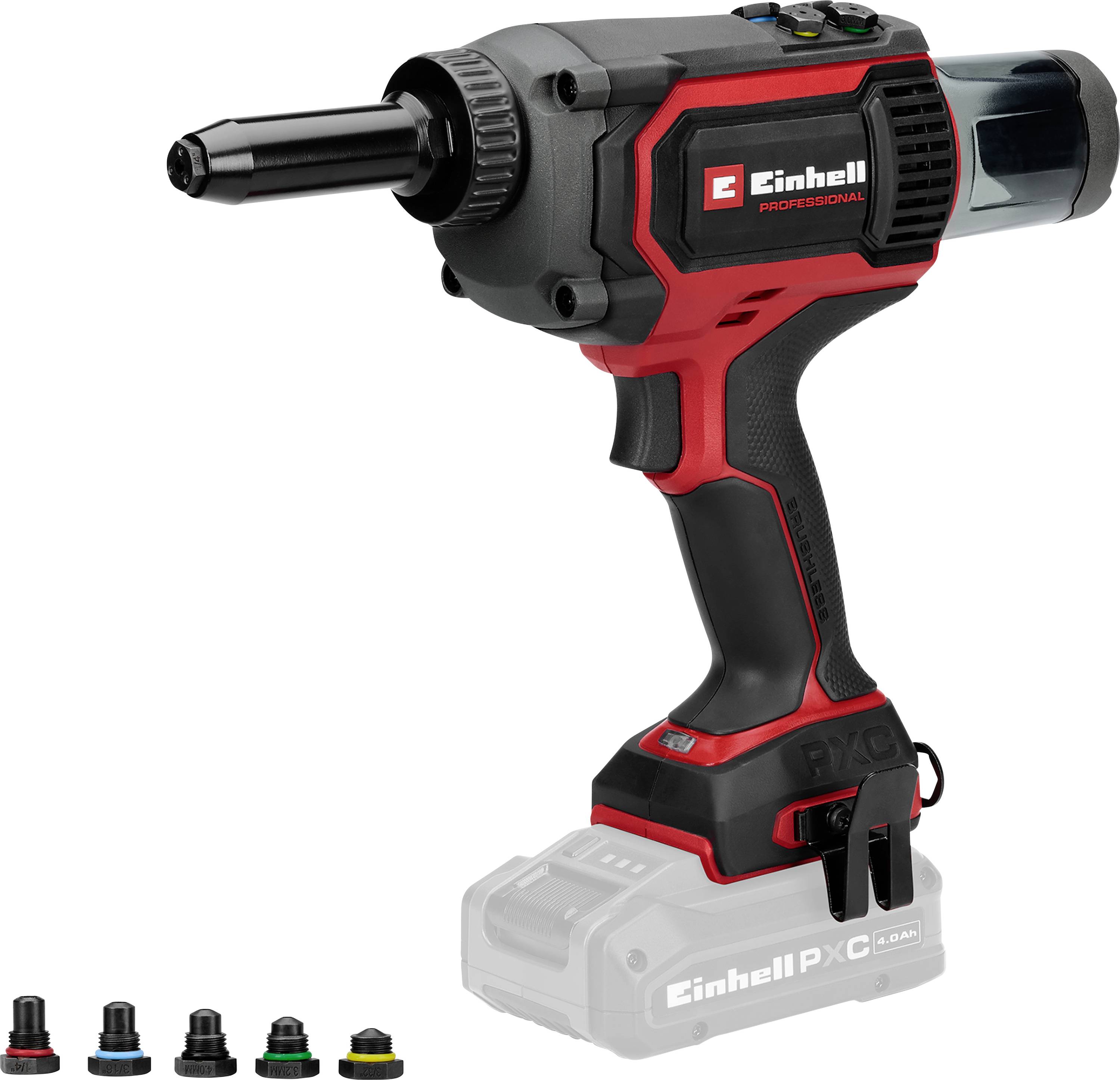 Trådlös Einhell Professional elverktyg med långt svart munstycke och batteribas; fem färgkodade munstyckesfästen visas nedan.
