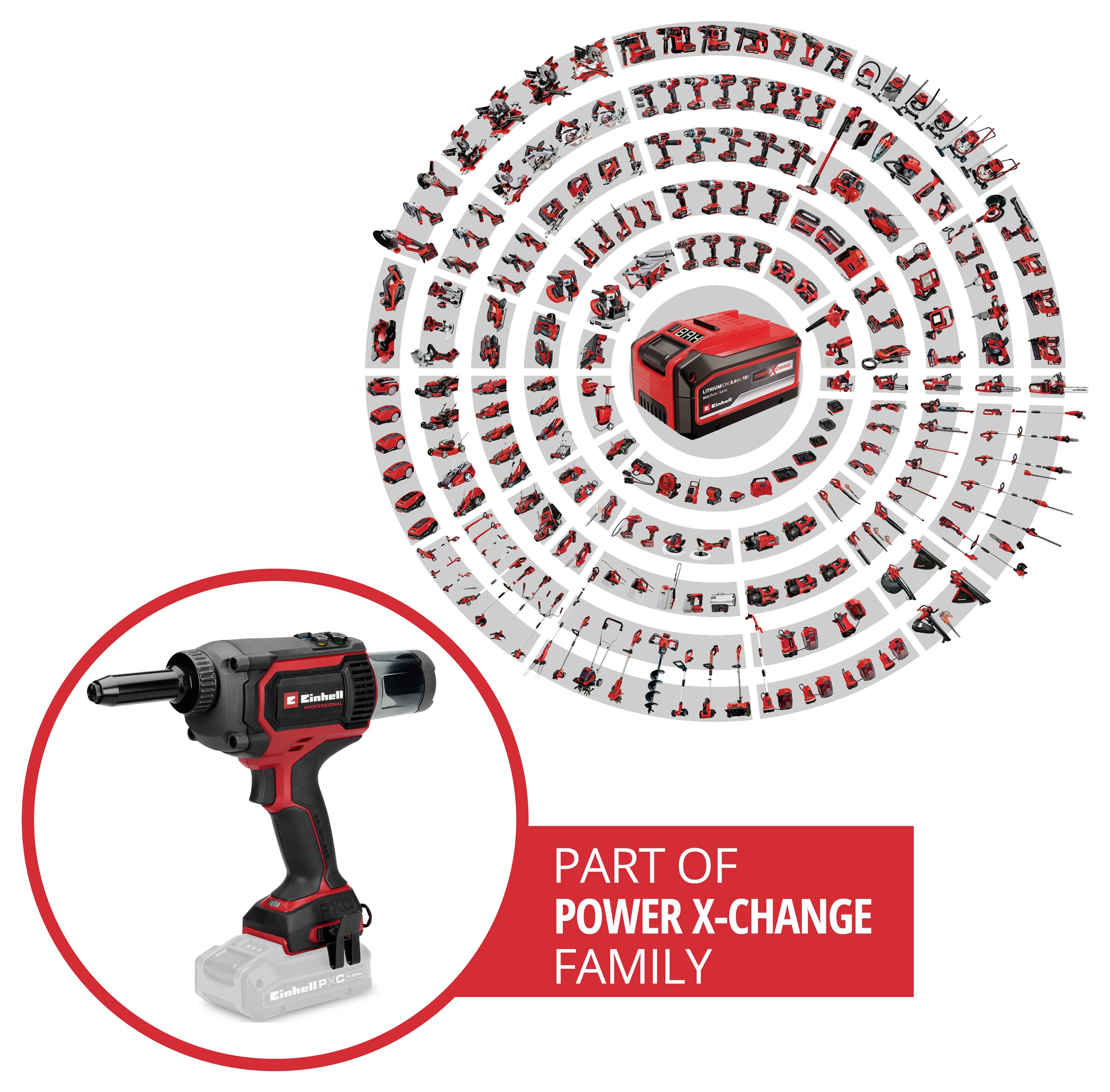 Grafik av rött trådlöst elverktyg system som visar ett verktyg och många kompatibla tillbehör, märkt "DEL AV POWER X-CHANGE FAMILJEN".
