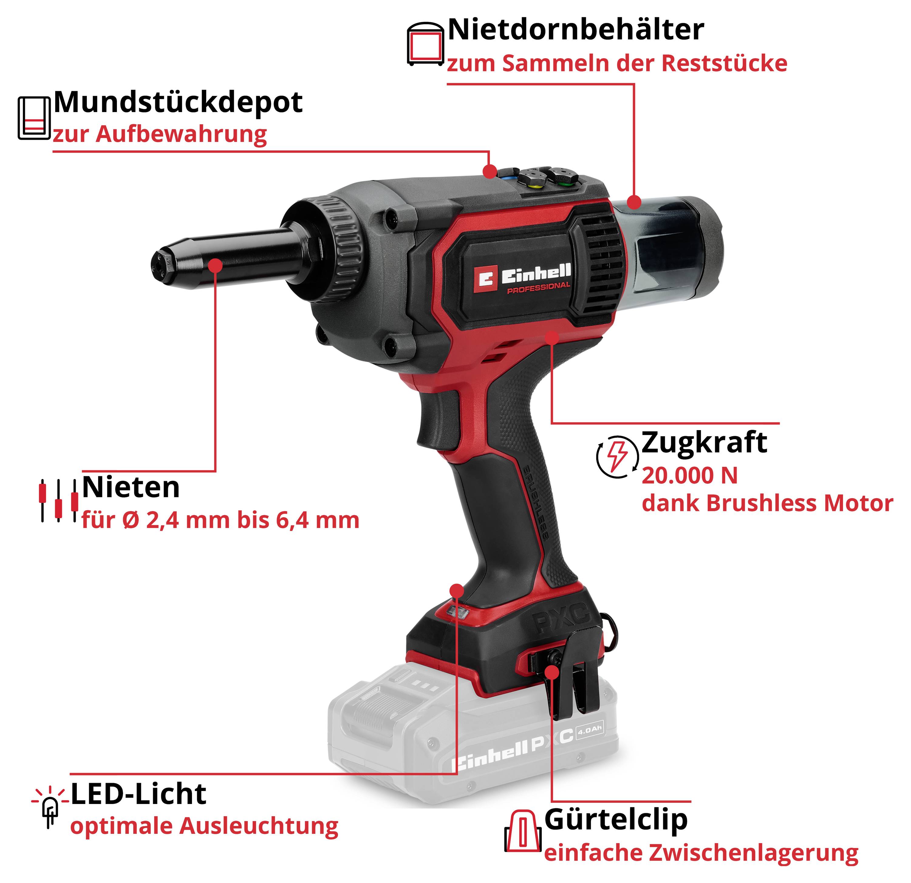 Produktbild av ett batteridrivet blindnituverktygmed etiketter: Munstycksförråd, nitområde 2,4–6,4 mm, dragkraft 20.000 N, LED-ljus och bälte-clip.