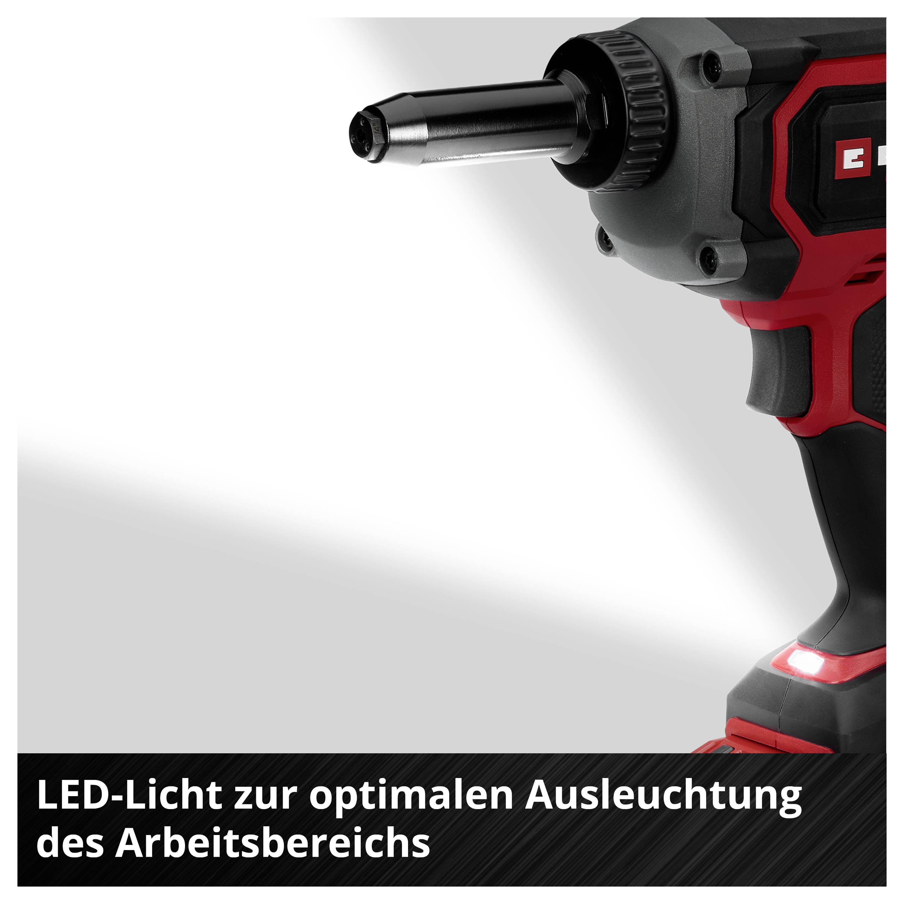 Delvis vy av ett rött batteridrivet verktyg med front-LED; Text: 'LED-ljus för optimal belysning av arbetsområdet'