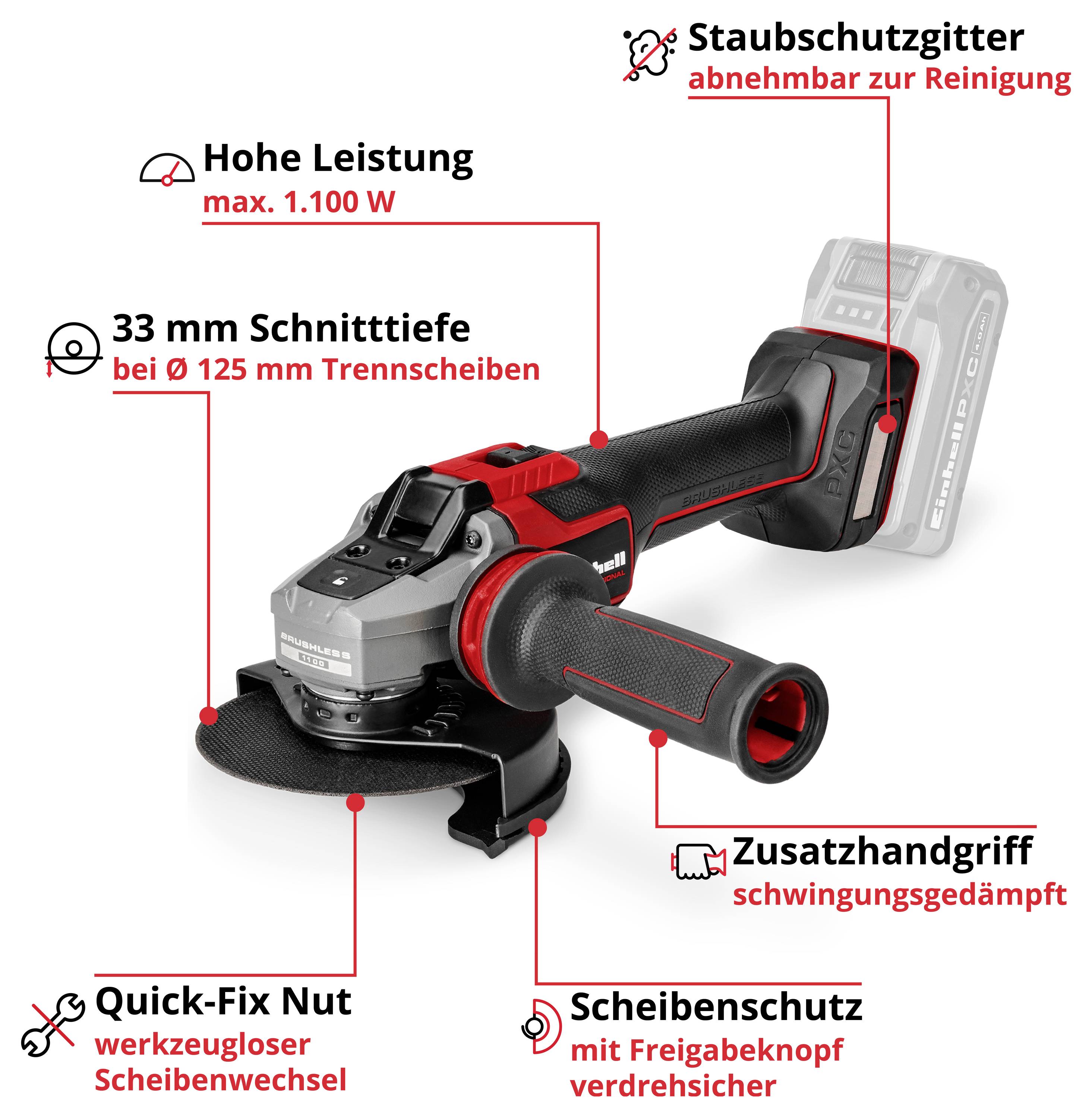 Illustration av ett batteridrivet vinkelslipad med framhävda funktioner: högt effektuttag upp till 1.100 W, 33 mm skärdjup, avtagbar dammskydd, tilläggshandtag och skivskydd.
