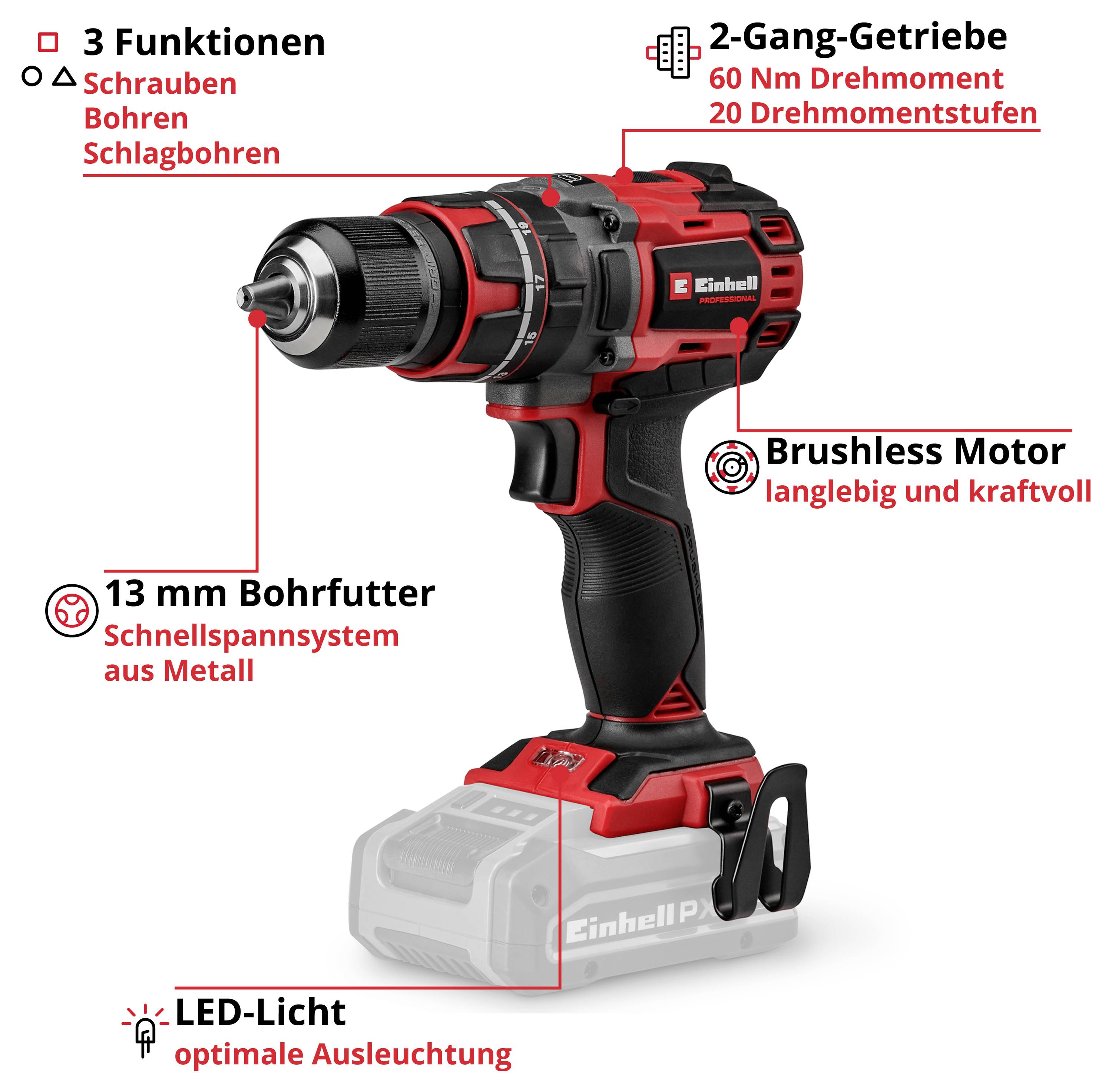 Illustration av en batteridrivet borrskruv med pekare på 3 funktioner, 2-växlad växellåda, Brushless-motor, 13 mm snabbspännborrckartusch och LED-ljus.