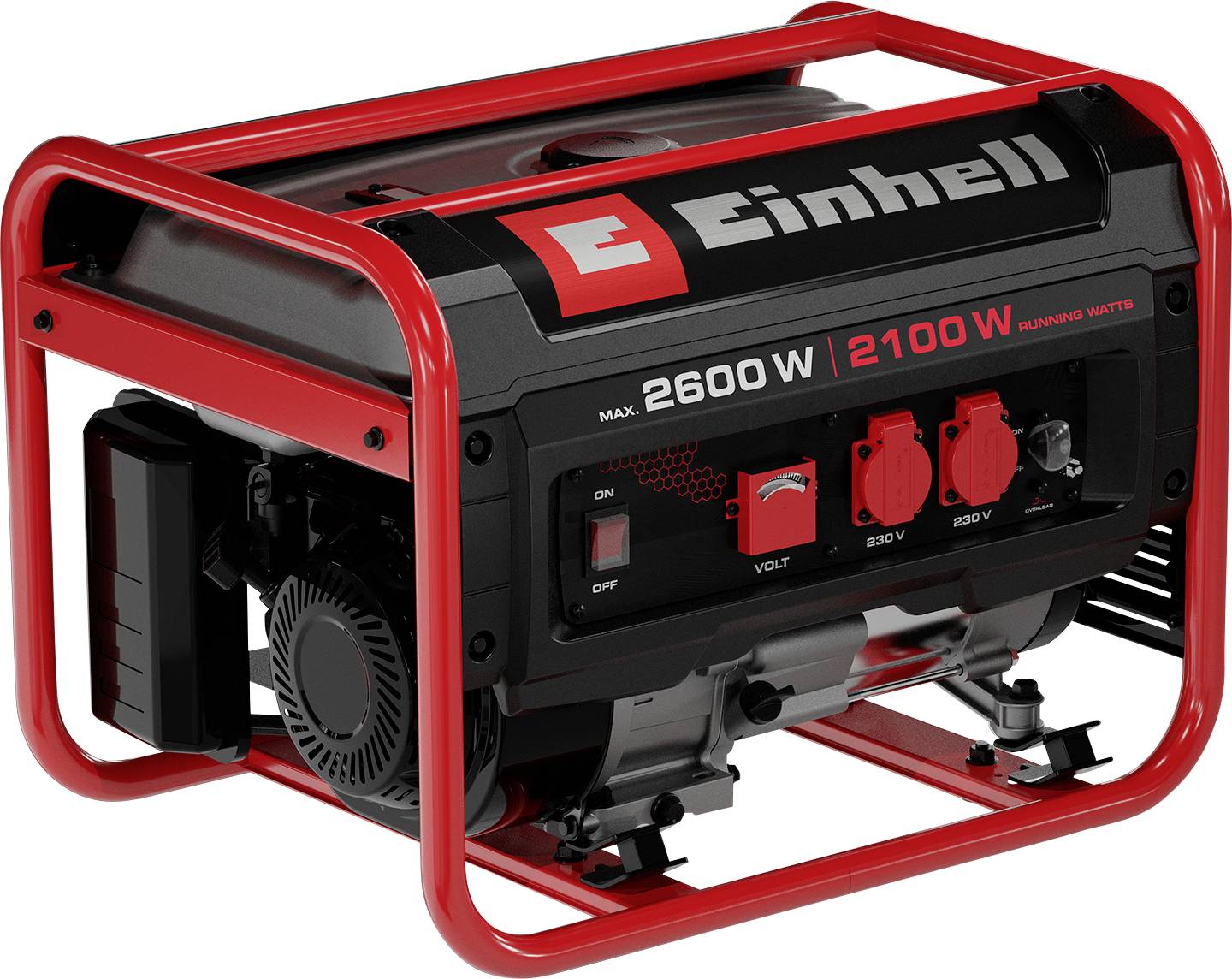 Bärbar röd-och-svart Einhell bensindriven generator med metallram, märkt 2600 W max och 2100 W arbetsvatt, visar kontrolluttag och växelpanel.