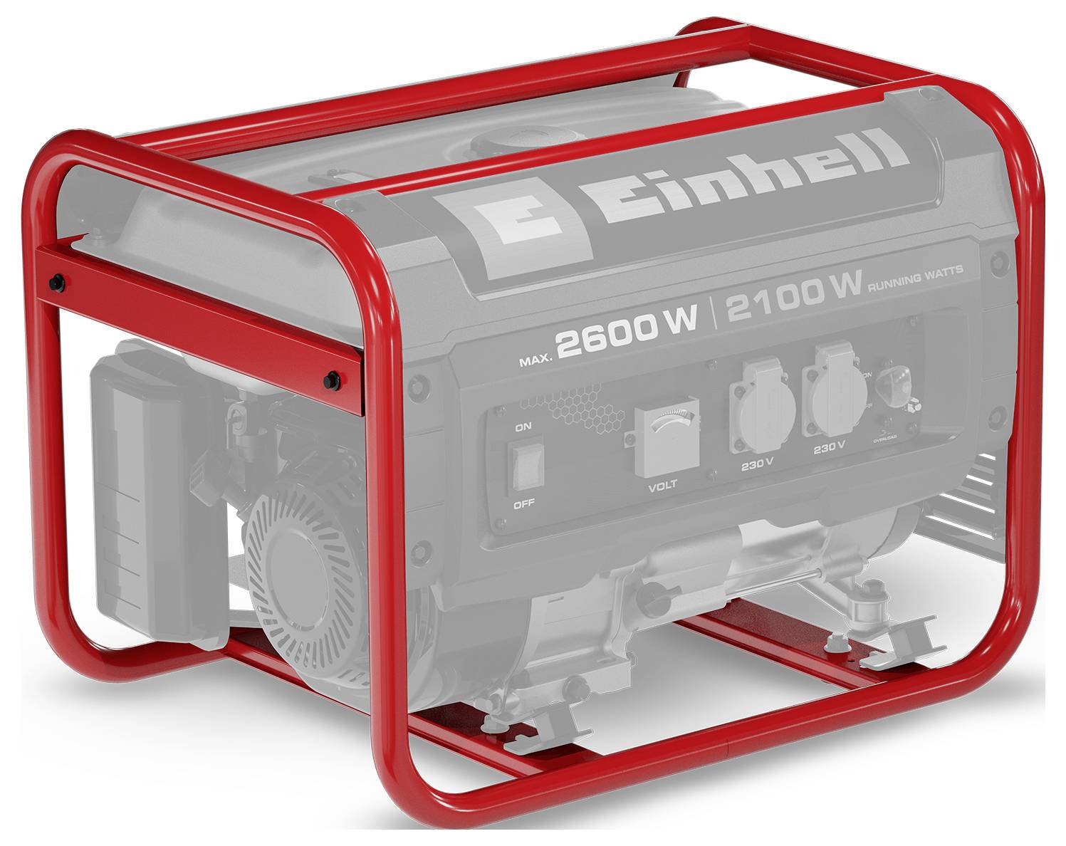 Bärbar Einhell-generator i röd skyddande ram, märkt max. 2600 W och 2100 W, med strömuttag och reglage synliga.