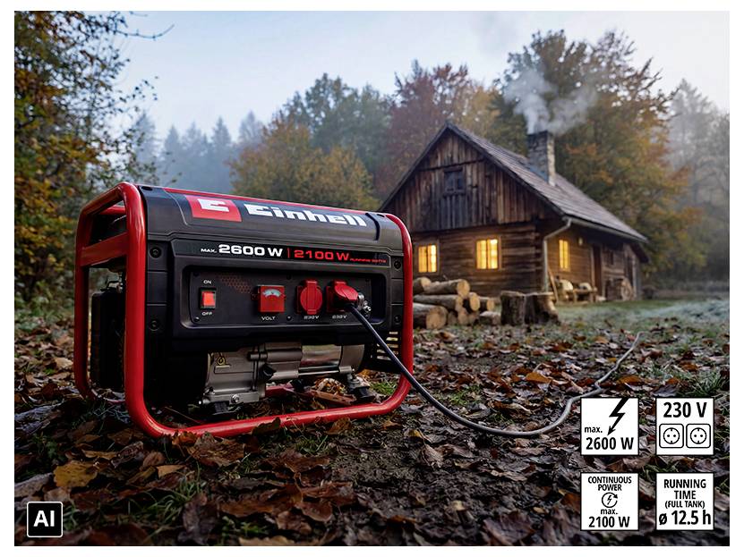 Bärbar Einhell-generator som försörjer en stuga i skogen; etiketterna visar max 2600 W, kontinuerlig 2100 W, 230 V och 12,5 timmars drifttid.