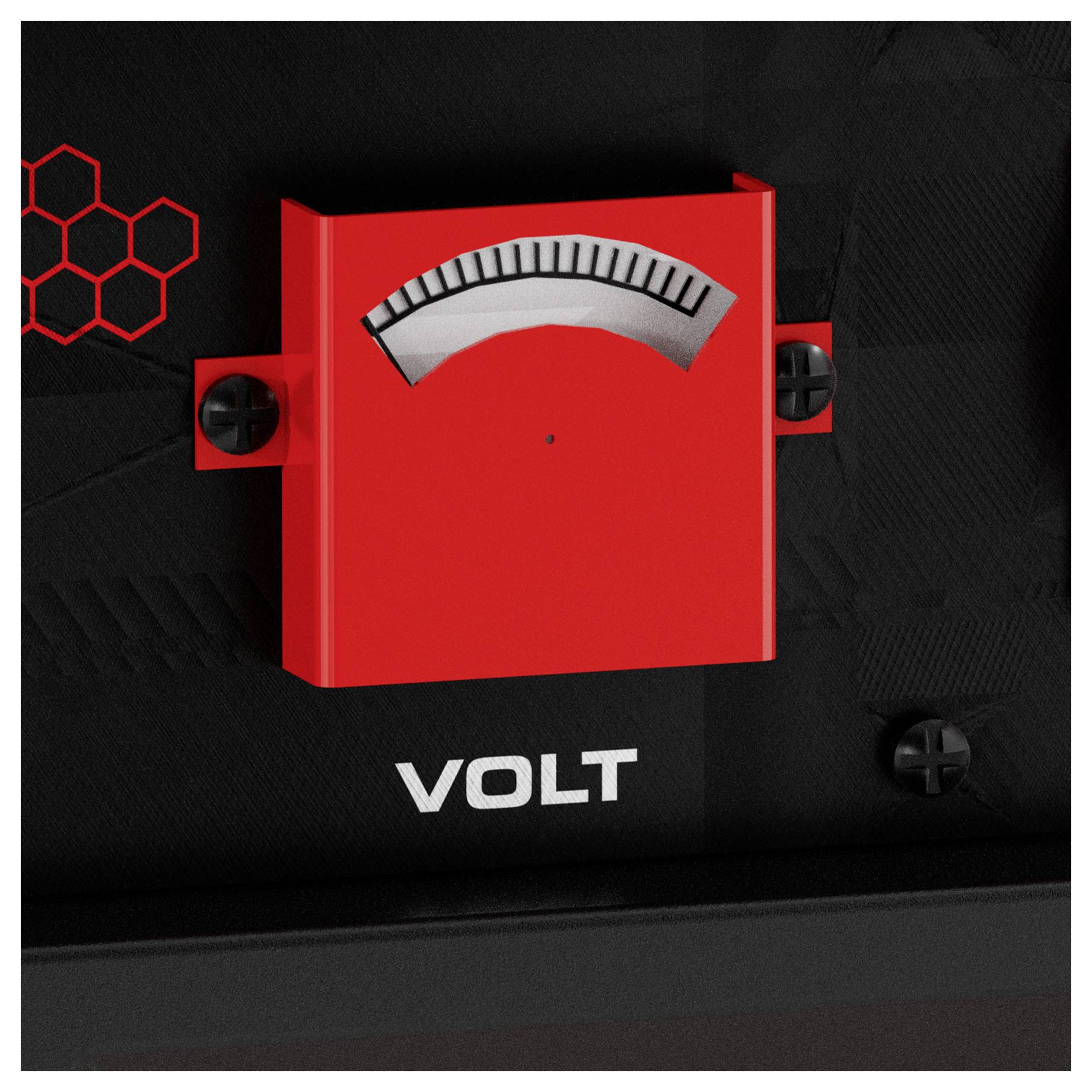 Röd voltmeter-mätare med en analog skala, märkt "VOLT", på en svart panel