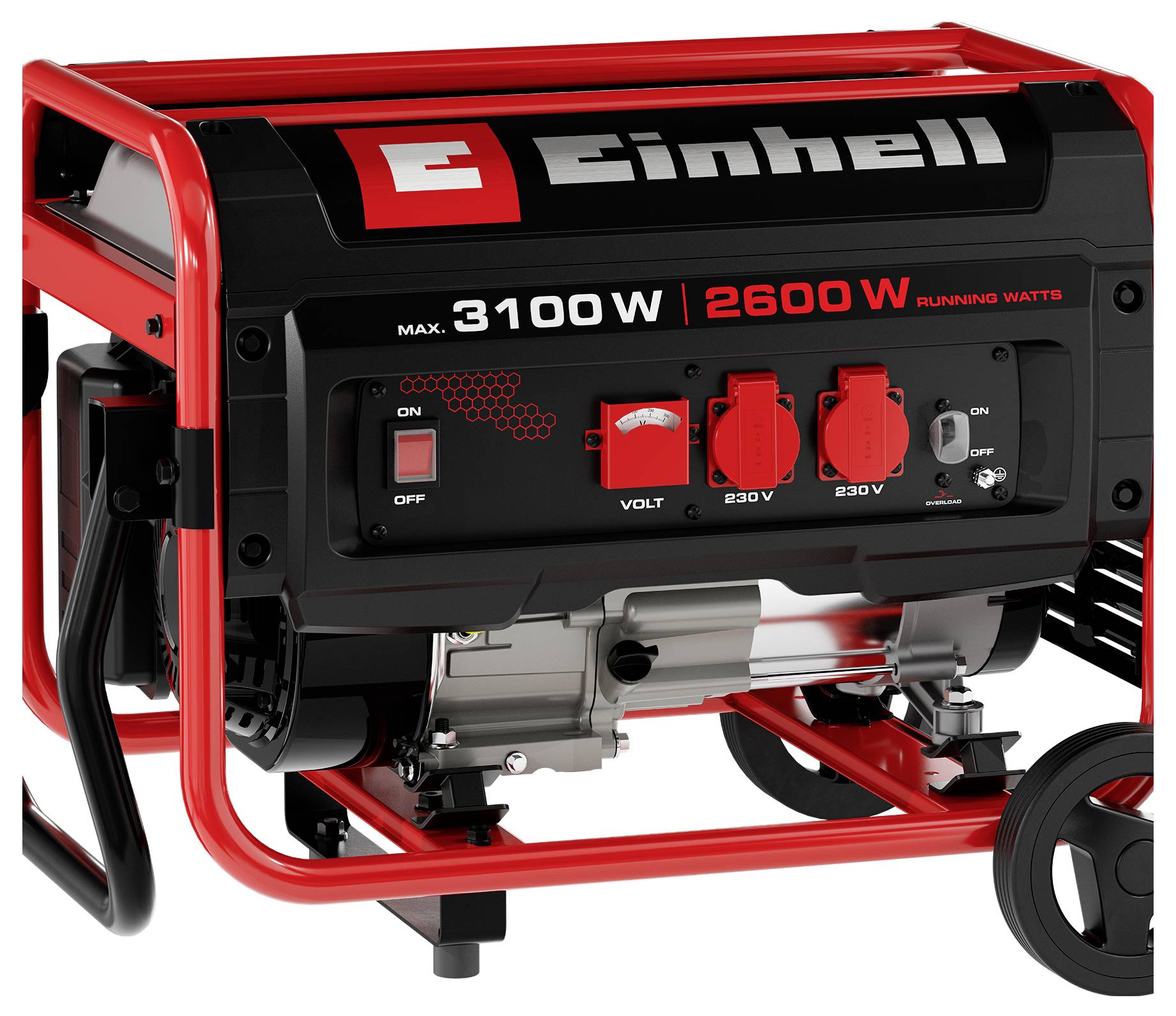 Bärbar röd och svart Einhell-generator på ett hjälat chassi, märkt "3100W" maximalt och "2600W driftswatt", med uttag och strömbrytare på frontpanelen.