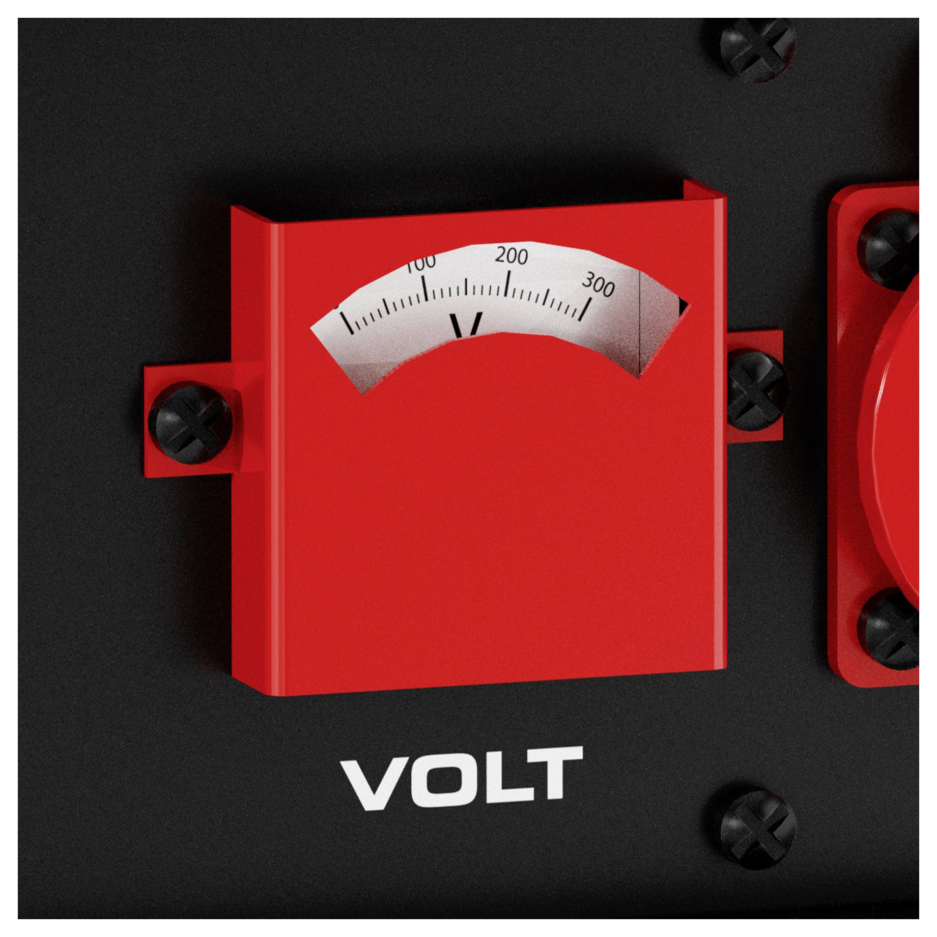 Röd voltmeter på en svart panel märkt "VOLT", med en analog mätare markerad 100, 200 och 300.