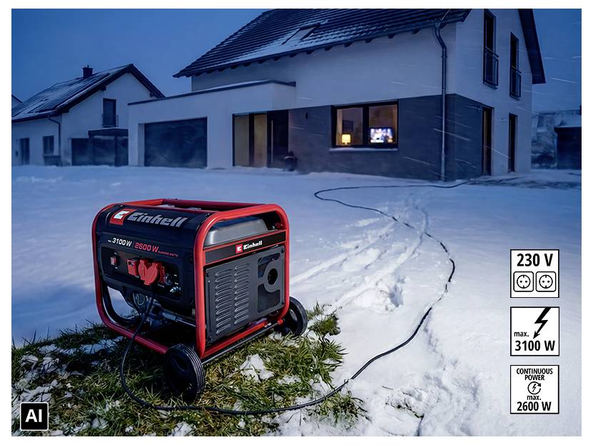 Bärbar generator som försörjer ett snöigt hem på natten, med utgångsetiketter som visar 230 V, max 3100 W och kontinuerlig effekt 2600 W.