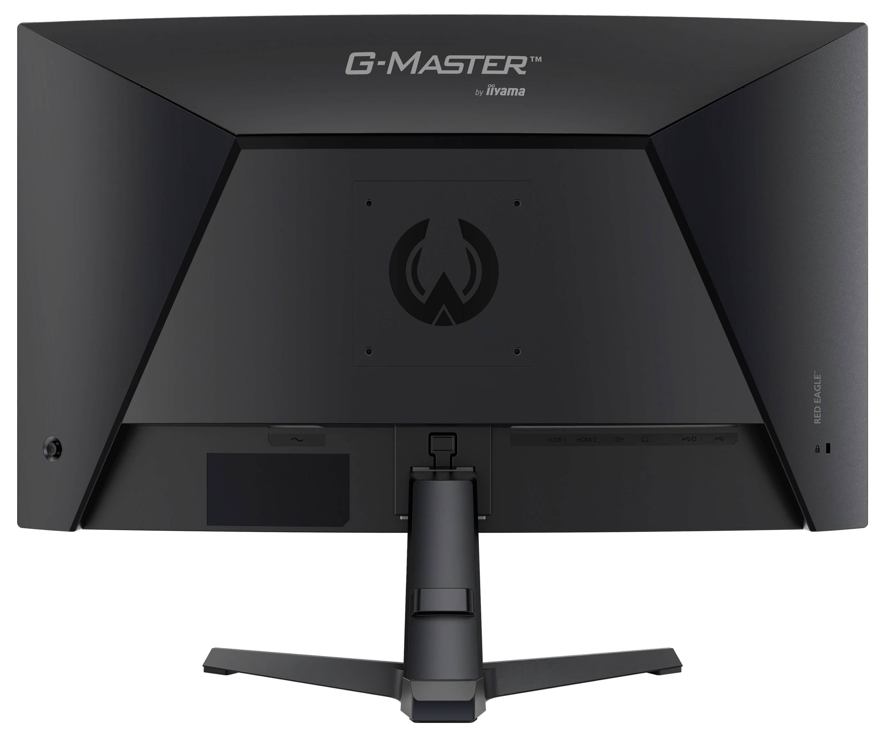 Bakvy av en svart G-MASTER-monitor på ett stativ, som visar märkets logotyp och kabelportar.